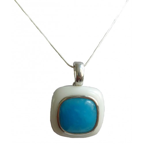 Pendant square in white jade and turquoise blue quartz and sterling silver