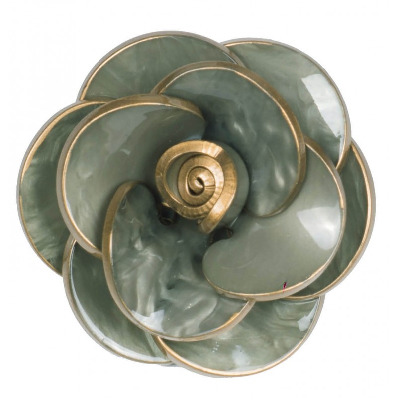 Brooch camellia resin flower with gold trim