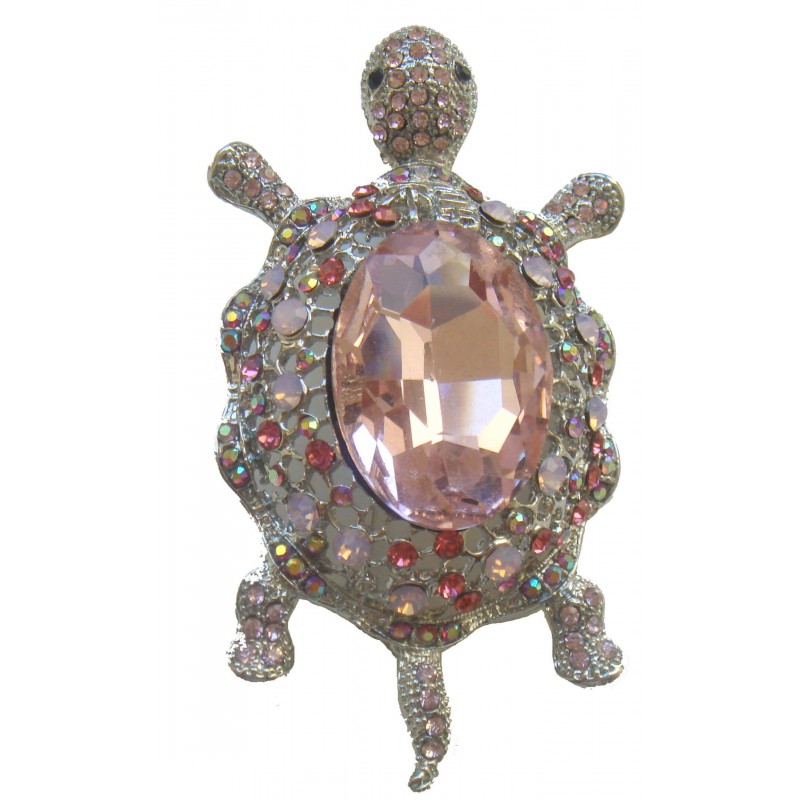 Broche tortuga rosa con brillantes de stras y metal plateado