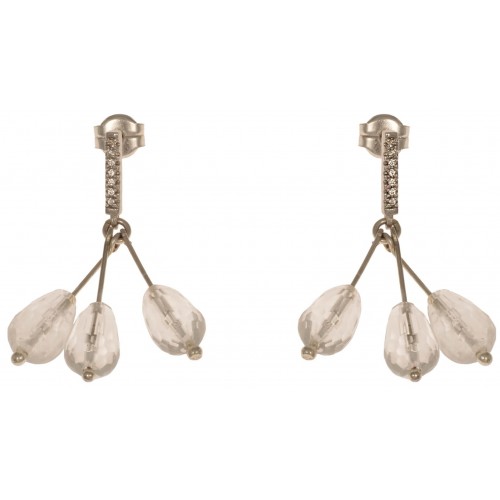Earrings in silver with 3 white quartz pendants