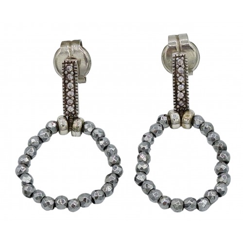 Earrings in silver and zircon with hematite pendant circle