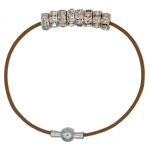 Bracelet in chocolate brown leather and central strass rondelles with rose gold color metal