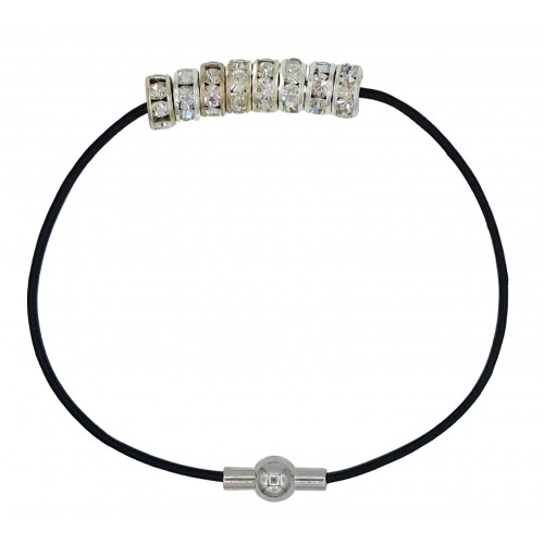 Bracelet in black leather and central white strass rondelles