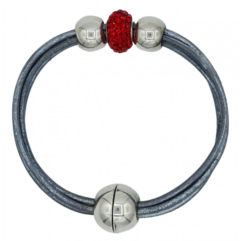 Bracelet in silver gray leather and central red fine crystal