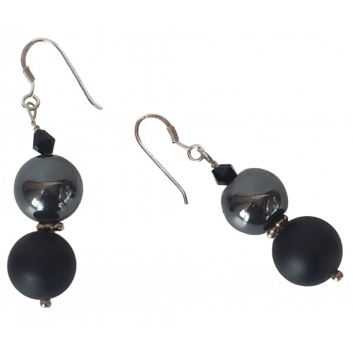 Earrings in silver onyx matte and hematite and silver rondelle